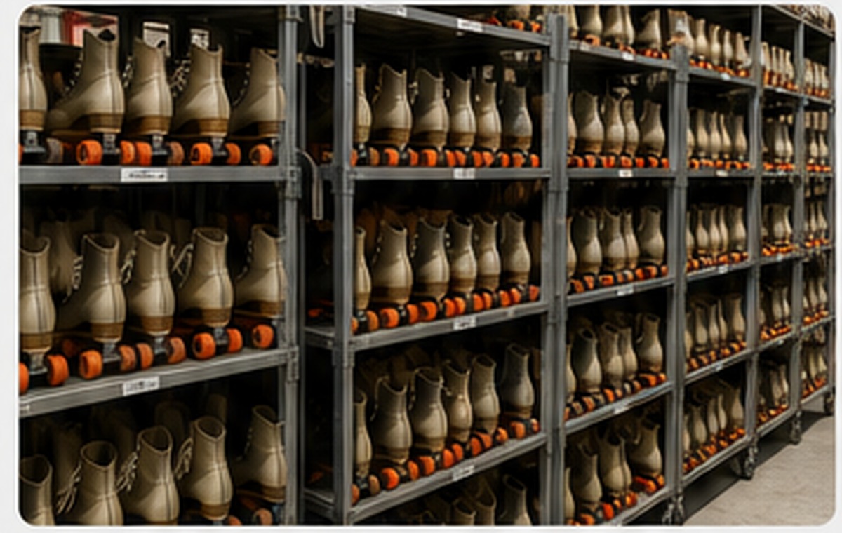 Roller skates organized on mobile storage racks